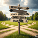 A wooden signpost at a crossroads in a green field, with arrows pointing to different Canadian immigration options like "Improve Score" and "Provincial Nominee Program".